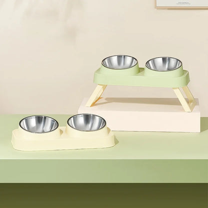 15° Elevated Pet Feeder: Portable Foldable Dual Stainless Steel Bowls with Non-Slip Base - Neck Support for Cats and Dogs