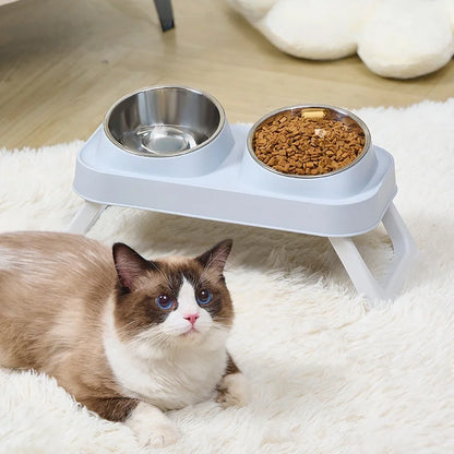 15° Elevated Pet Feeder: Portable Foldable Dual Stainless Steel Bowls with Non-Slip Base - Neck Support for Cats and Dogs