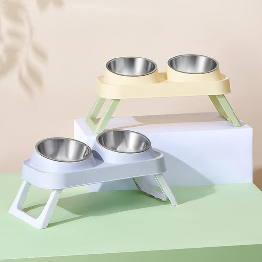 15° Elevated Pet Feeder: Portable Foldable Dual Stainless Steel Bowls with Non-Slip Base - Neck Support for Cats and Dogs