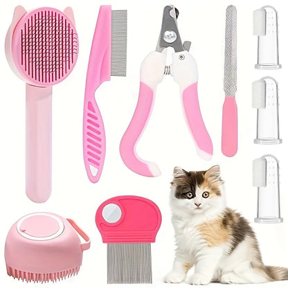 8Pcs Cat Brush Beauty Kit with Pet Nail Clippers and Files Pet Self-Cleaning Kit Flea Comb Pet Shampoo Bath Brush Pet Sheddin