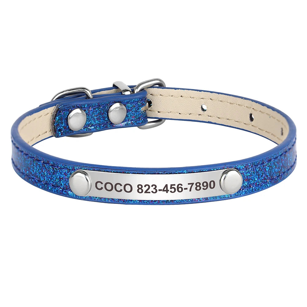 Personalized Cat Collar Custom Leather Cat Collars Free Engraved Puppy Kitten ID Necklace Bling Pet Collars for Small Dogs Cats