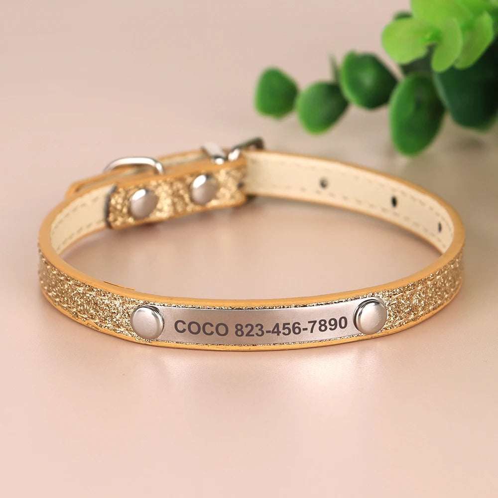 Personalized Cat Collar Custom Leather Cat Collars Free Engraved Puppy Kitten ID Necklace Bling Pet Collars for Small Dogs Cats