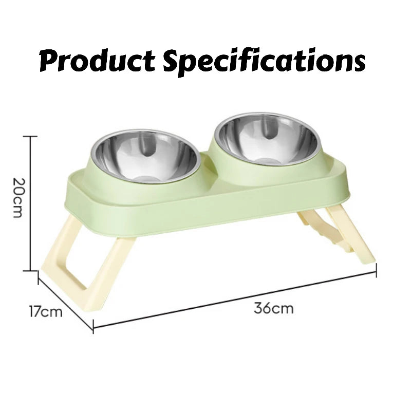 15° Elevated Pet Feeder: Portable Foldable Dual Stainless Steel Bowls with Non-Slip Base - Neck Support for Cats and Dogs