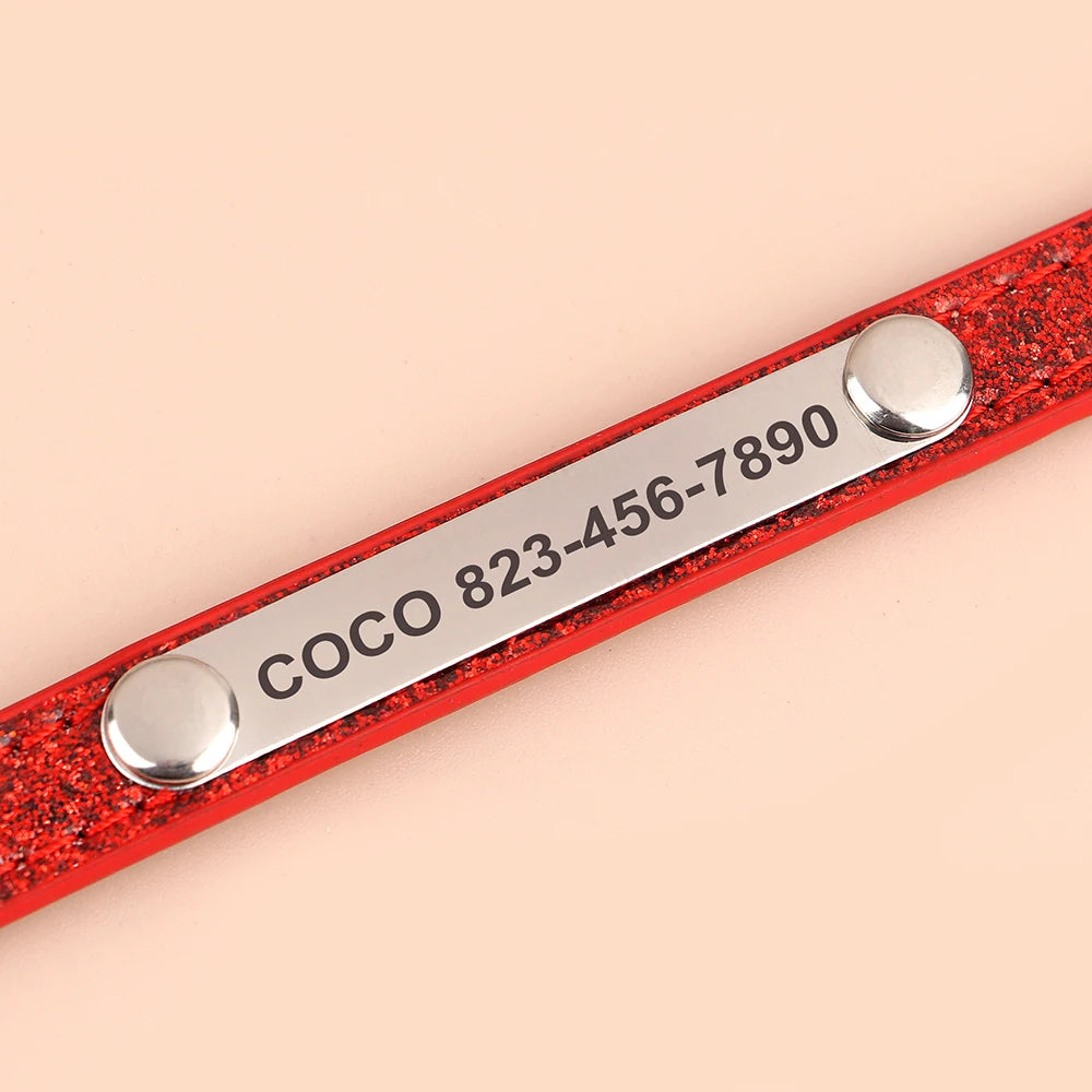 Personalized Cat Collar Custom Leather Cat Collars Free Engraved Puppy Kitten ID Necklace Bling Pet Collars for Small Dogs Cats