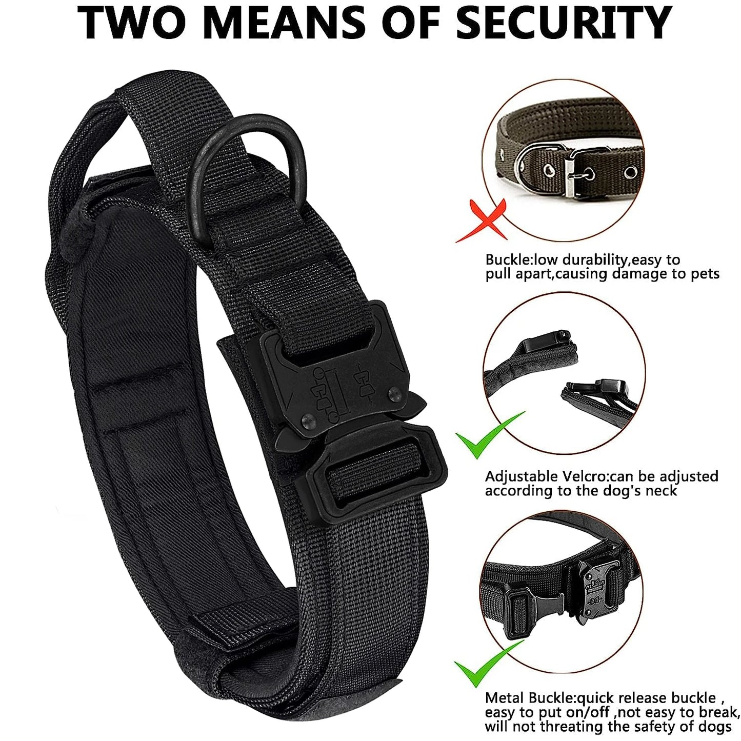 Tactical Dog Collar, Suitable for Medium to Large Dogs. Adjustable Military Training Nylon Dog Collar with Control Handle and Heavy Metal Buckle