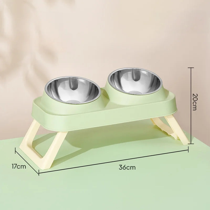 15° Elevated Pet Feeder: Portable Foldable Dual Stainless Steel Bowls with Non-Slip Base - Neck Support for Cats and Dogs