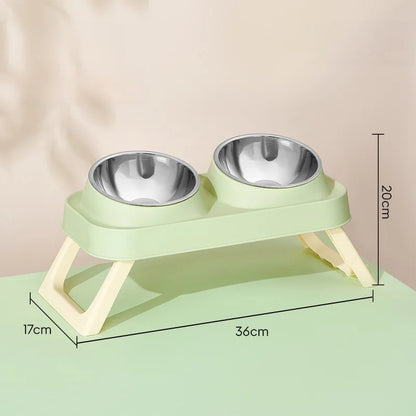 15° Elevated Pet Feeder: Portable Foldable Dual Stainless Steel Bowls with Non-Slip Base - Neck Support for Cats and Dogs