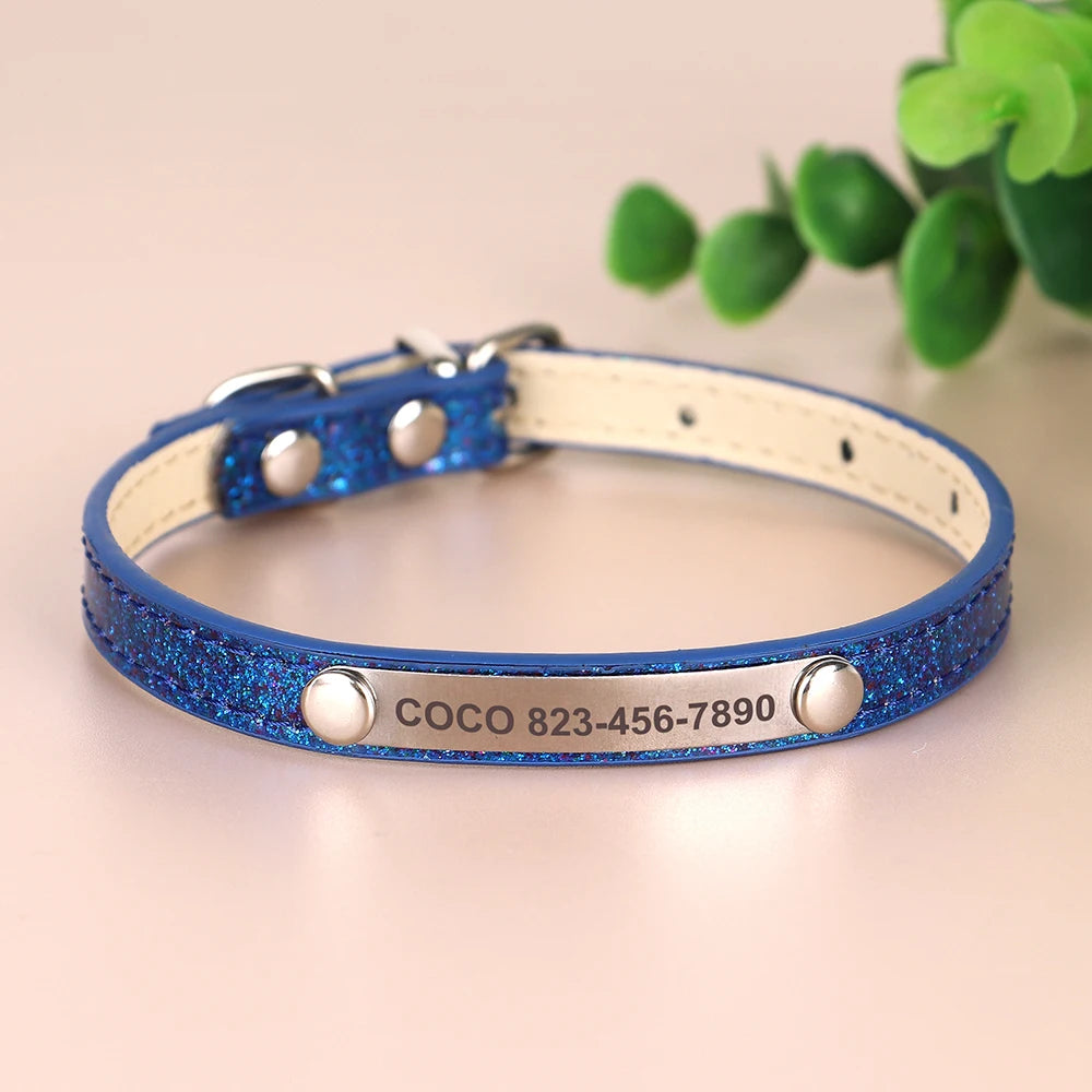 Personalized Cat Collar Custom Leather Cat Collars Free Engraved Puppy Kitten ID Necklace Bling Pet Collars for Small Dogs Cats