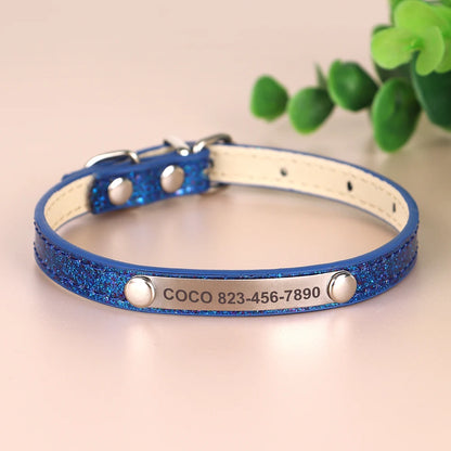 Personalized Cat Collar Custom Leather Cat Collars Free Engraved Puppy Kitten ID Necklace Bling Pet Collars for Small Dogs Cats