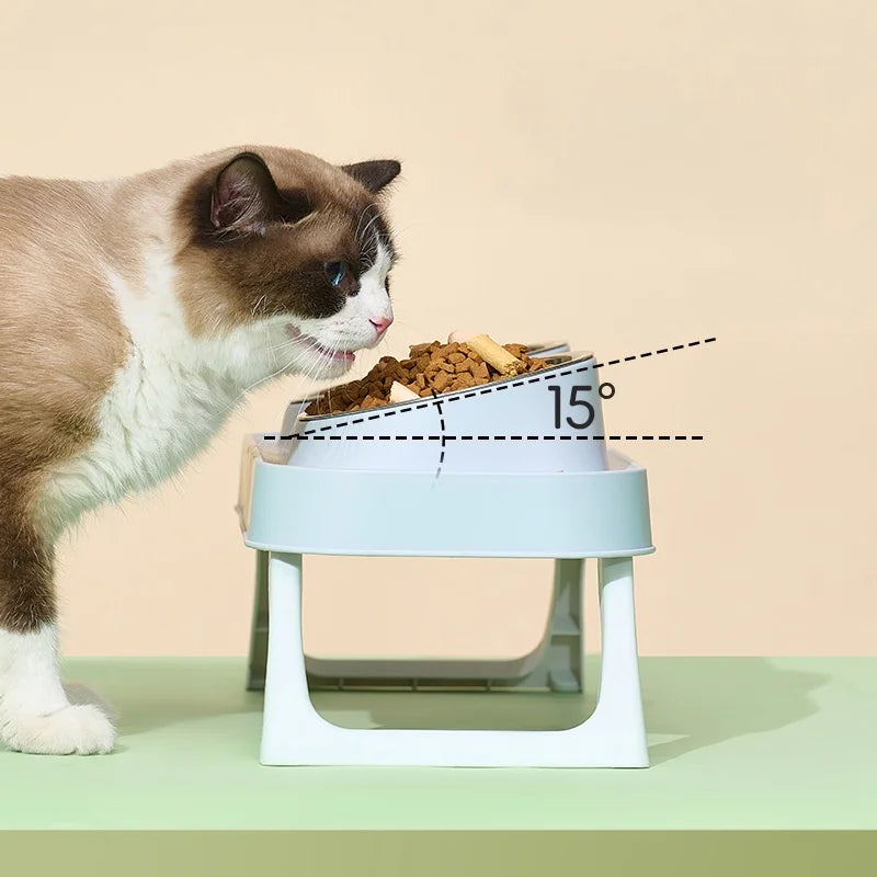 15° Elevated Pet Feeder: Portable Foldable Dual Stainless Steel Bowls with Non-Slip Base - Neck Support for Cats and Dogs