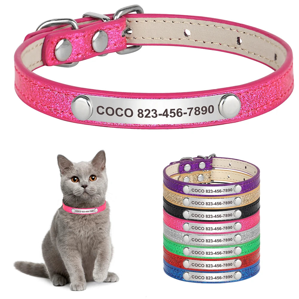 Personalized Cat Collar Custom Leather Cat Collars Free Engraved Puppy Kitten ID Necklace Bling Pet Collars for Small Dogs Cats