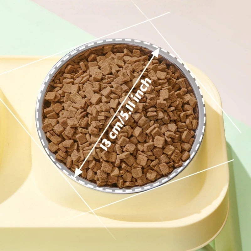 15° Elevated Pet Feeder: Portable Foldable Dual Stainless Steel Bowls with Non-Slip Base - Neck Support for Cats and Dogs