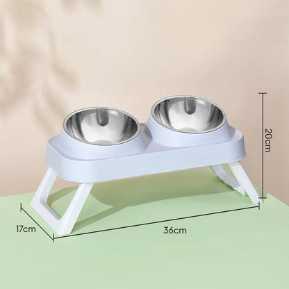 15° Elevated Pet Feeder: Portable Foldable Dual Stainless Steel Bowls with Non-Slip Base - Neck Support for Cats and Dogs