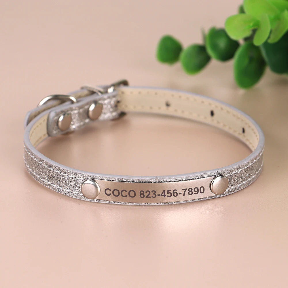 Personalized Cat Collar Custom Leather Cat Collars Free Engraved Puppy Kitten ID Necklace Bling Pet Collars for Small Dogs Cats