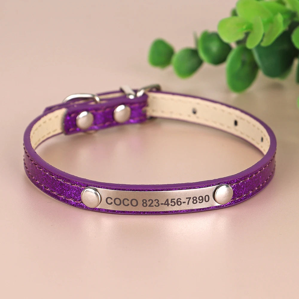 Personalized Cat Collar Custom Leather Cat Collars Free Engraved Puppy Kitten ID Necklace Bling Pet Collars for Small Dogs Cats
